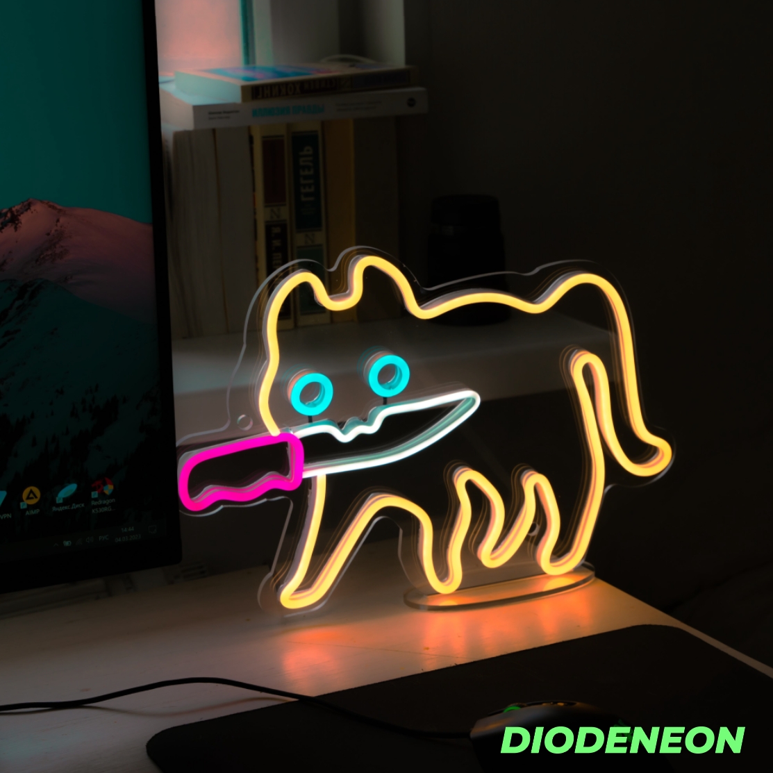 Неоновый LED светильник DIODENEON Кот с ножом мем