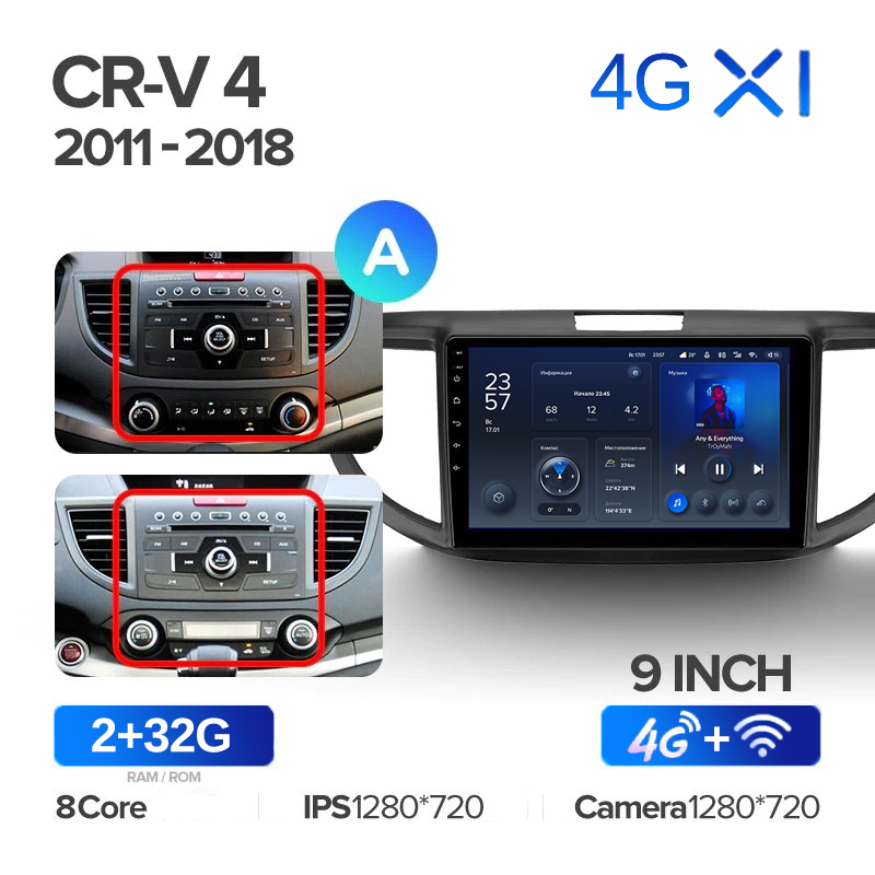 

Штатная магнитола Teyes X1 Wi-Fi + 4G Honda CR-V 4 RM RE 2011-2018 (9 10 ") Вар. A, 9 "