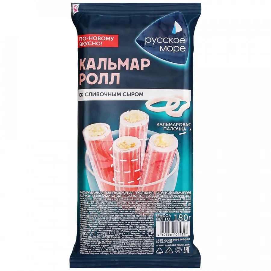 

Палочки кальмаровые Русское море ролл имитация, со сливочным сыром, охлаждённые 180 г