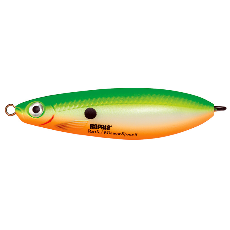 

Блесна незацепляющаяся Rapala Rattlin' Minnow Spoon RMSR08 цвет GSU, Белый;оранжевый;зеленый, Rattlin' Minnow Spoon