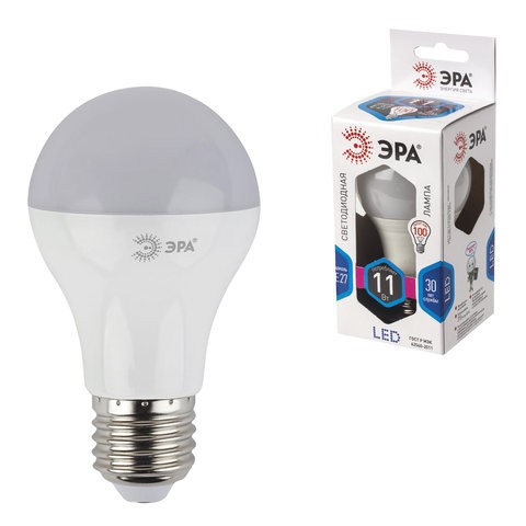 

Лампа светодиодная ЭРА, 11 (100) Вт, цоколь E27, 30000 ч., LED smdA60-10w-840-E27