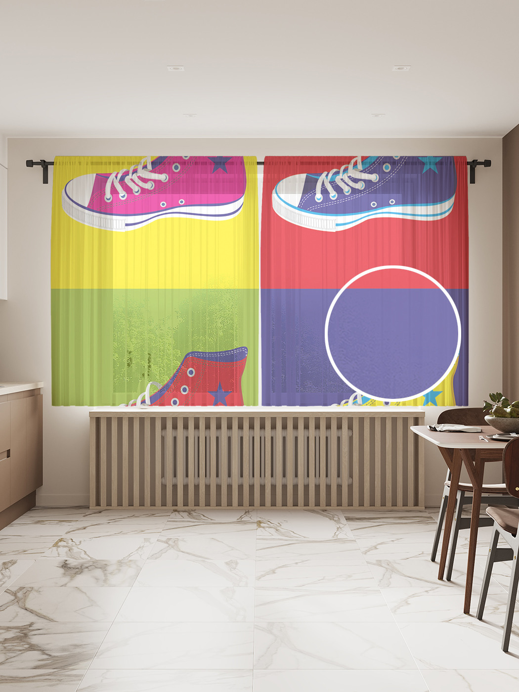 фото Фототюль joyarty "цветные кеды", 145x180 см (2 полотна со шторной лентой + 50 крючков)