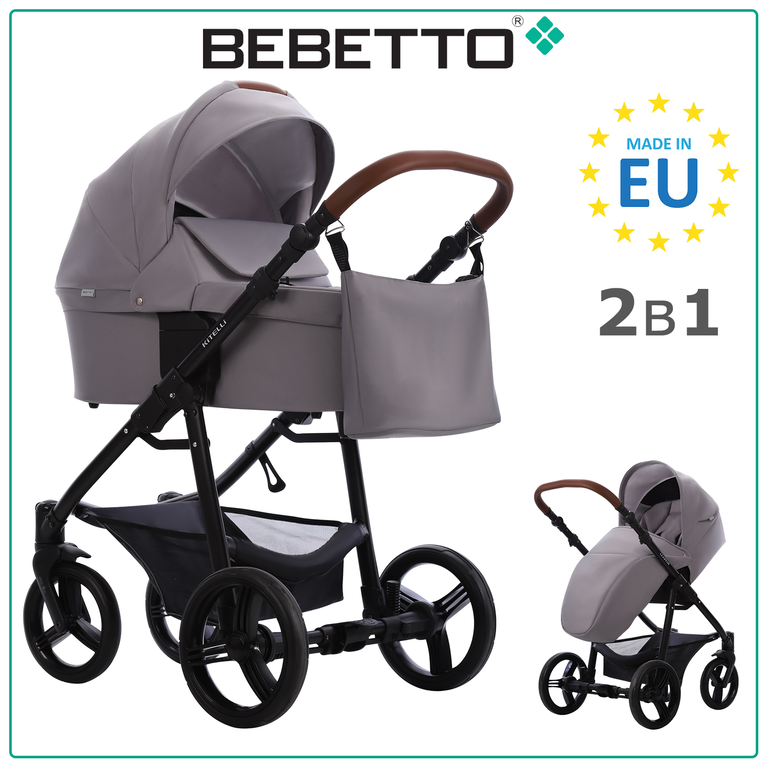 

Детская коляска 2 в 1 Bebetto Kitelli 03, серый, рама черная, Kitelli