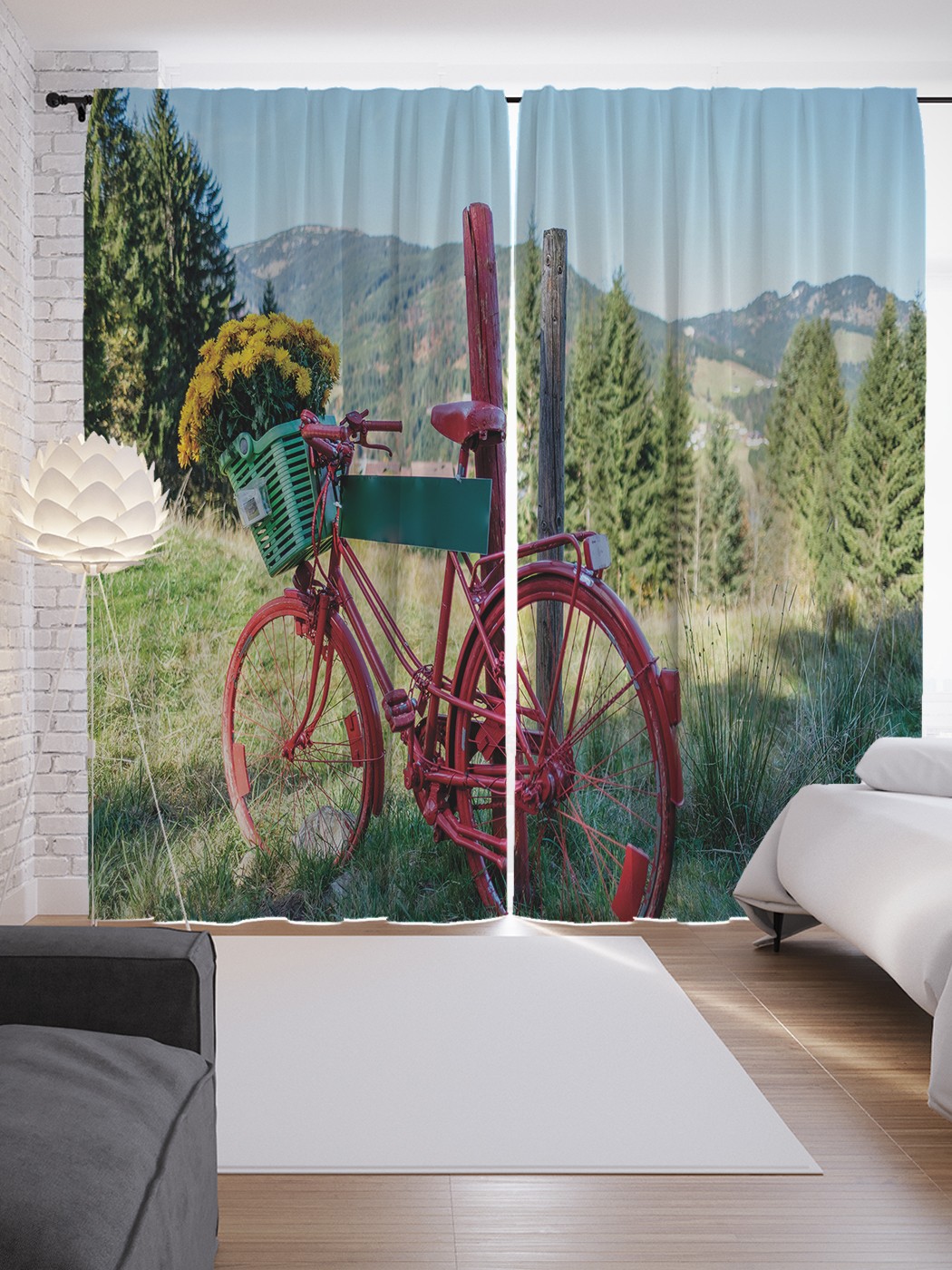 фото Шторы joyarty с фотопечатью "велосипед с цветами на лугу" из сатена, 290х265 см