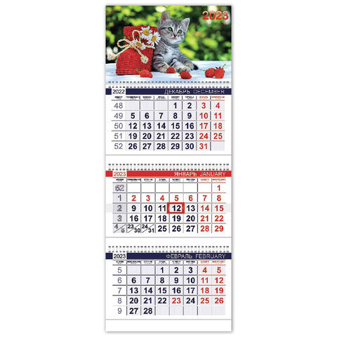 

Календарь квартальный с бегунком Hatber офис, "Котенок" 2023 год, 3 блока, 3 гребня