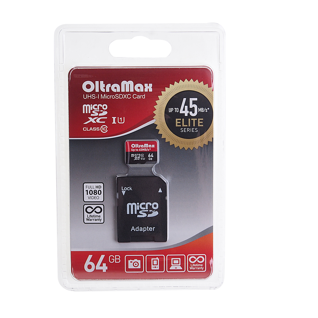 фото Карта памяти 64gb microsd class 10 + sd адаптер oltramax om064gcsdxc10uhs-1-elu1