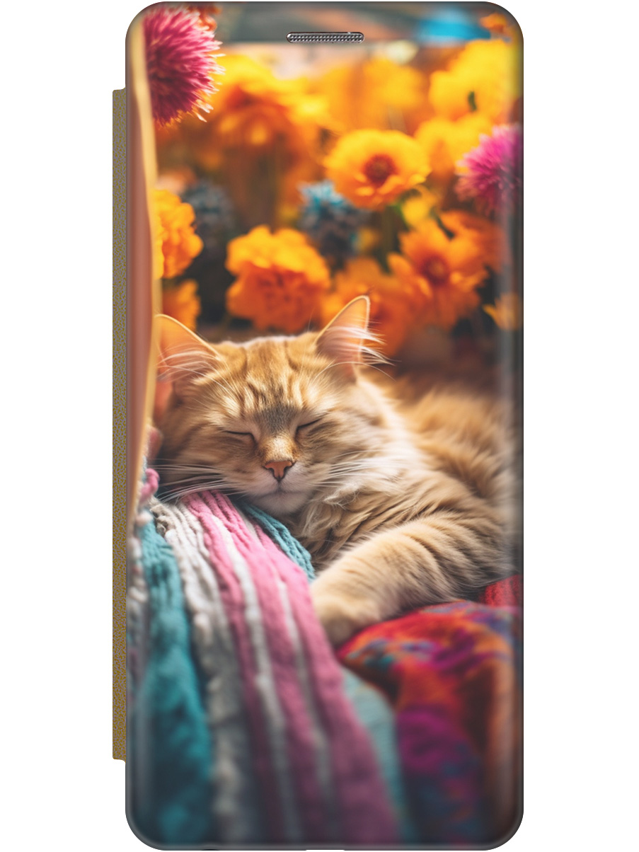 

Чехол-книжка на Xiaomi Redmi A3 с рисунком "Спящий на пледе котик" золотой, Белый;желтый, 20012120