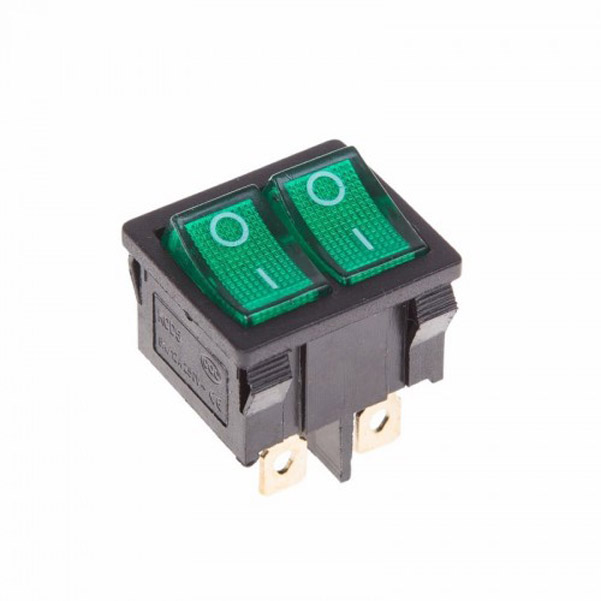 

Выключатель клавишный 250V 6А (6с) ON-OFF зеленый с подсветкой ДВОЙНОЙ Mini REXANT, 10 шт.
