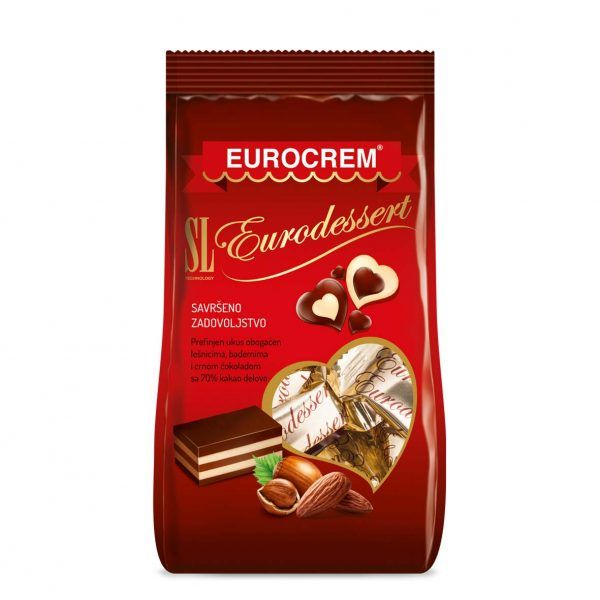 Конфеты EURODESSERT слоеные какао-молочные с лесным орехом и миндалём, глазированные, 150г