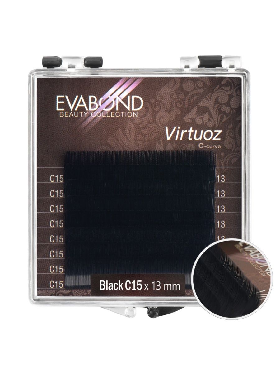 

Ресницы Virtuoz 8 линий однолинейные EVABOND Р740-08 701-15-13 Изгиб C диаметр 015 13мм, Черный, IR-4680379062562
