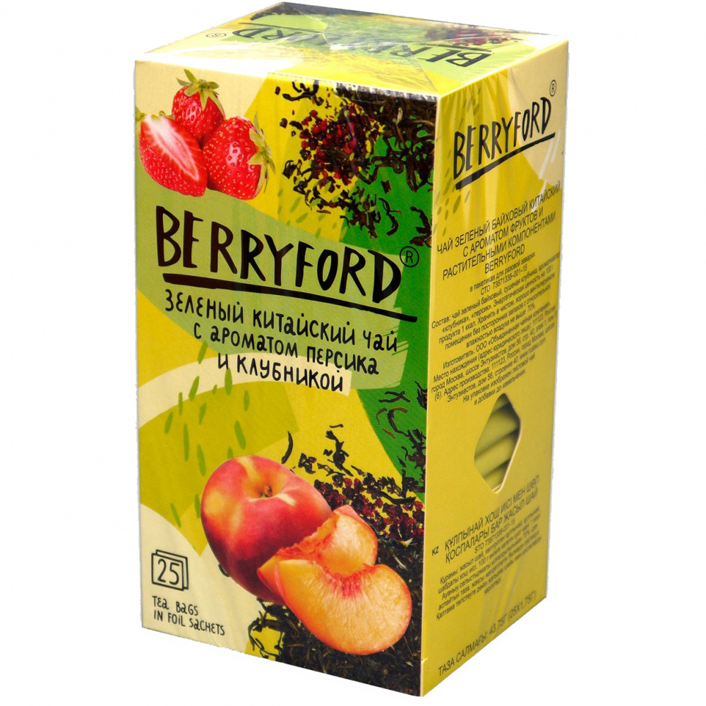 

Чай зеленый Berryford С ароматом персика и клубникой, с добавками, 25 сашетов
