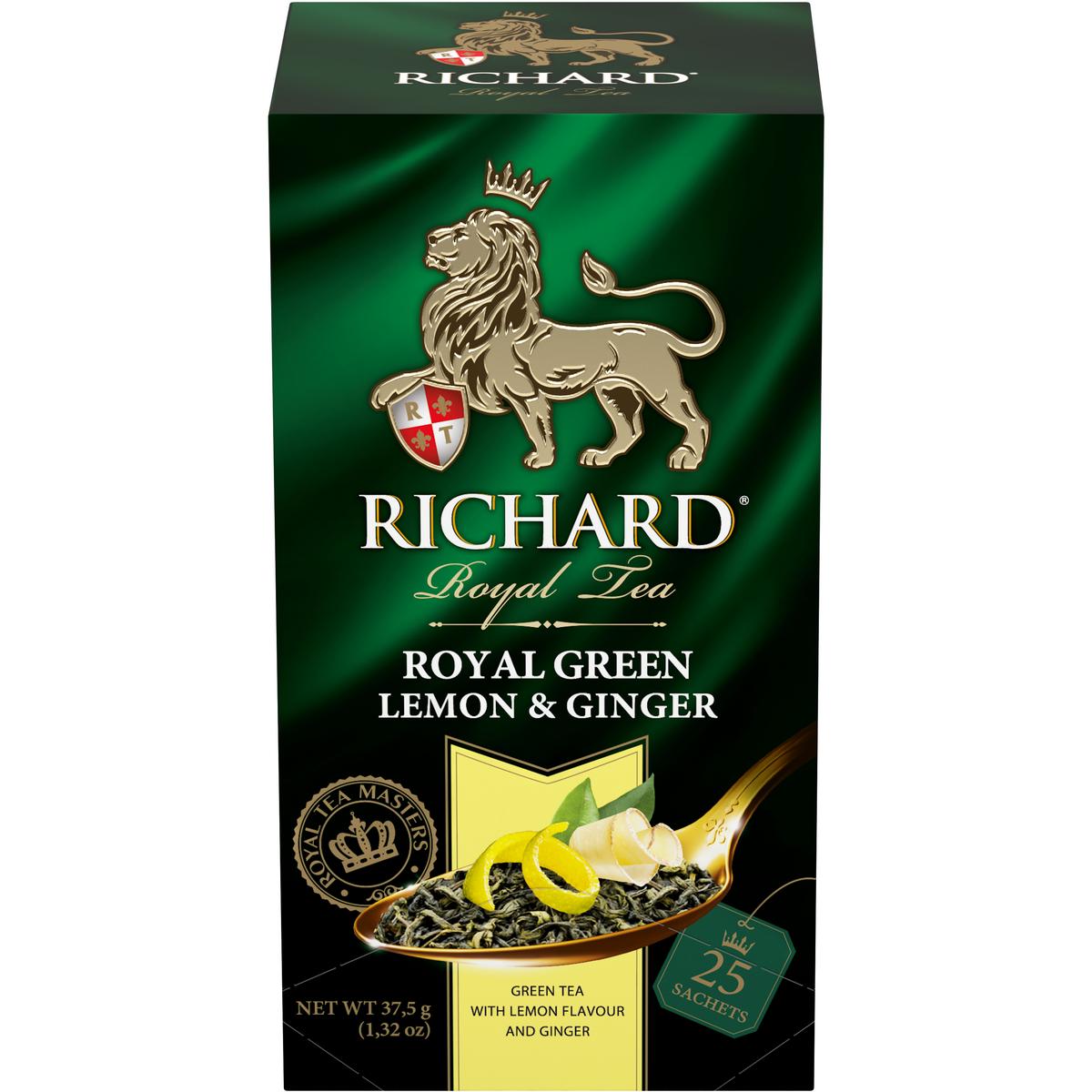 

Чай зеленый Richard Royal Green Lemon & Ginger, с добавками, 25 сашетов