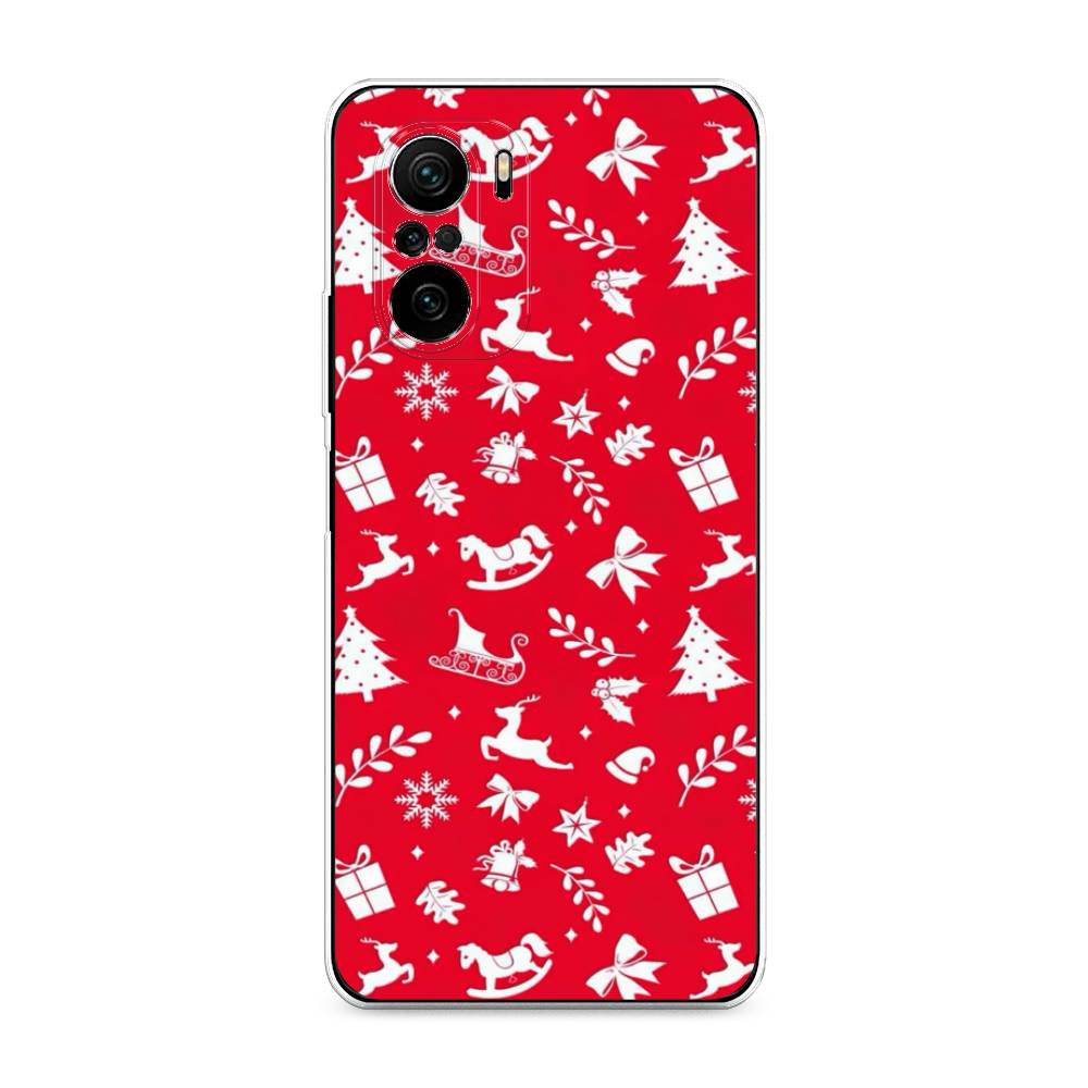 

Чехол на Poco F3 "Красный новогодний фон", Красный;белый, 312650-5