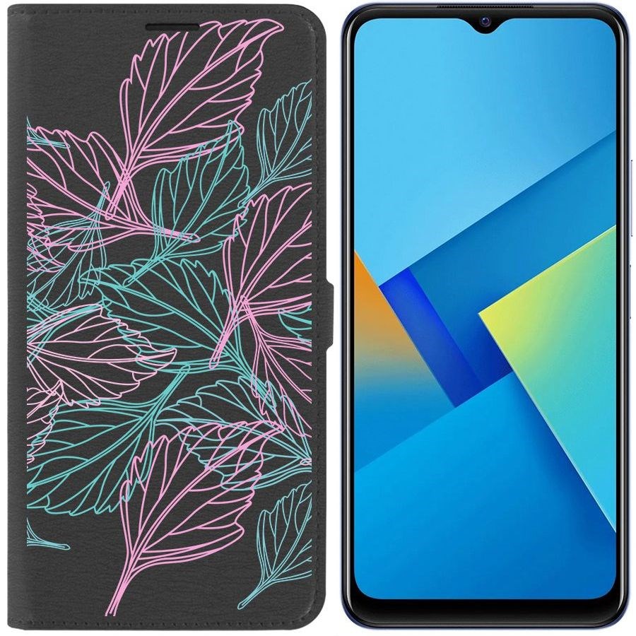 

Чехол-книжка Eco Book для Vivo Y21 Листья паттерн, Черный