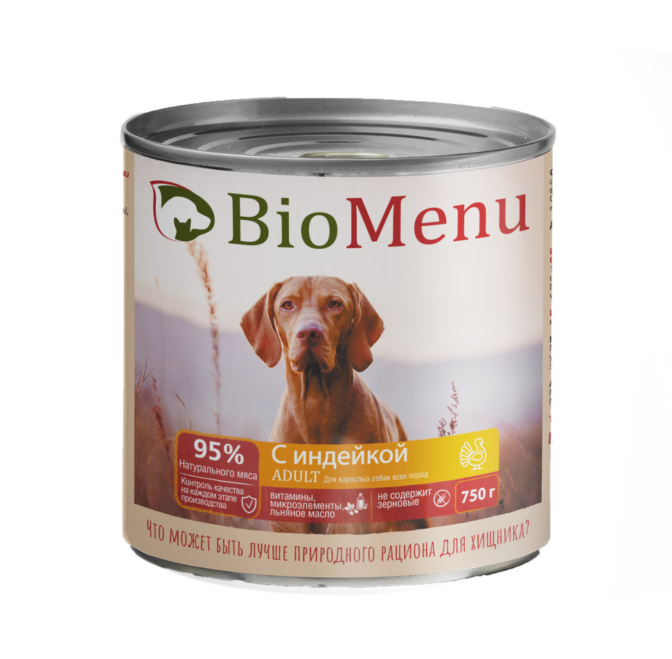Влажный корм для взрослых собак BioMenu с индейкой, в консервах - 750 г х 12 шт