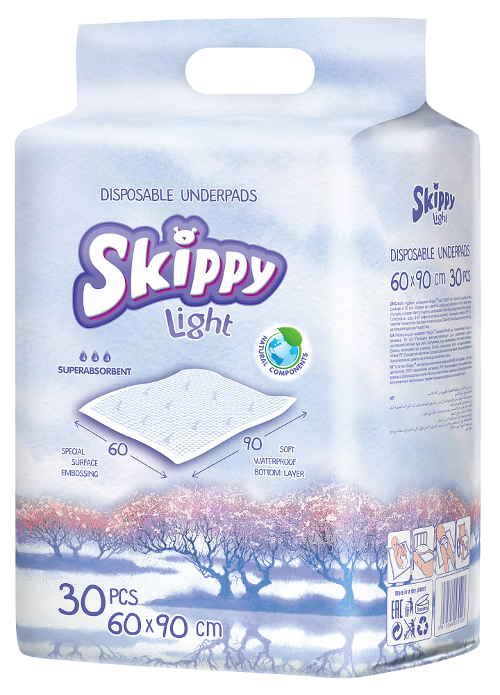 Пеленки гигиенические впитывающие одноразовые Skippy Light 60х90, 30 шт. nappyclub впитывающие пеленки одноразовые 60 90см 10 шт