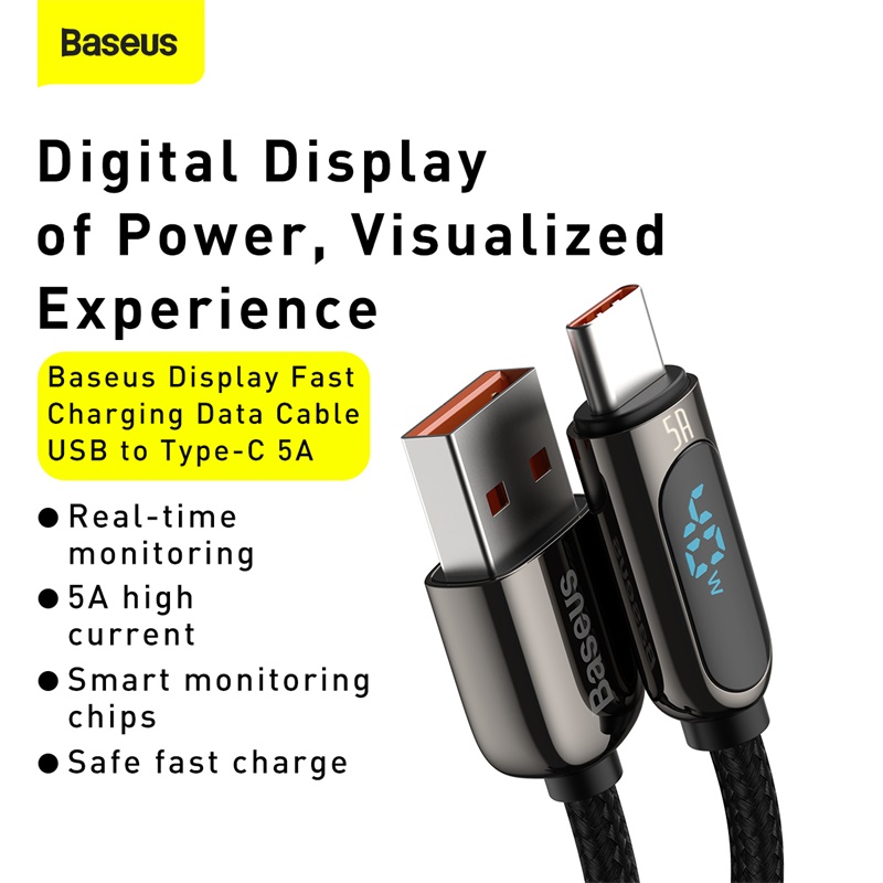 фото Кабель usb baseus display fast charging, usb - type-c, 5a, 2 м, черный