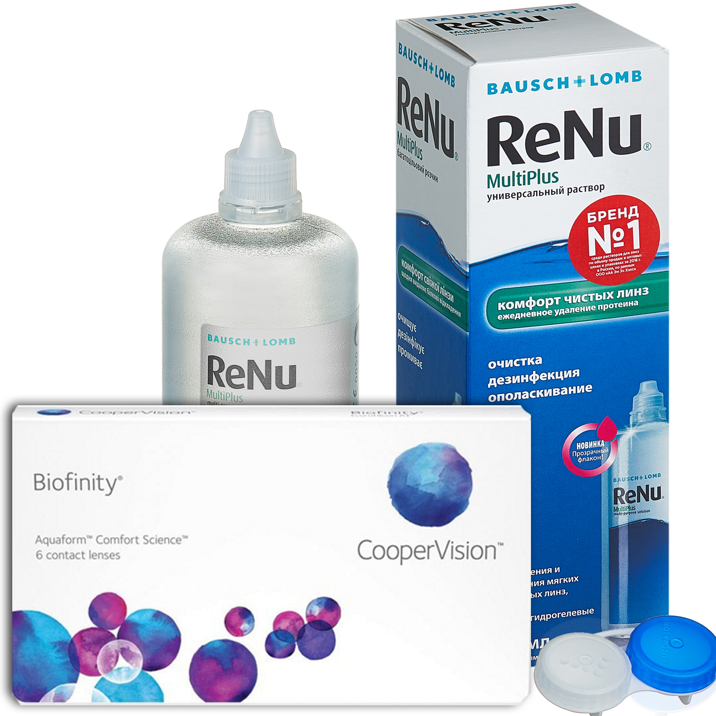 фото Контактные линзы biofinity 6 линз r 8.6 +2,00 + раствор renu multi plus 360 мл