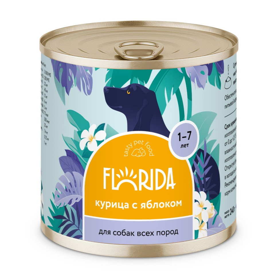 

Влажный корм для взрослых собак Florida с курицей и яблоком 12 шт по 240 г