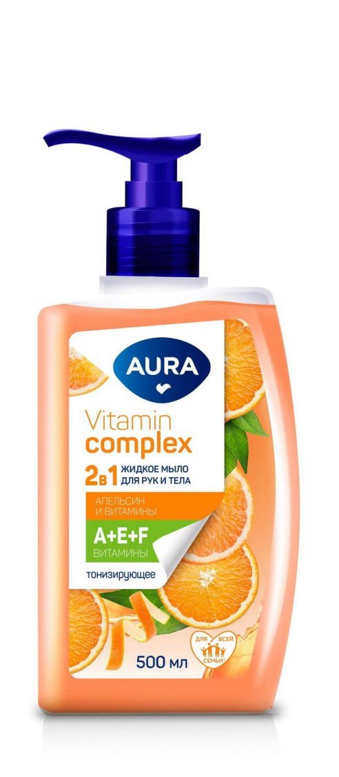 Туалетное мыло жидкое Aura Vitamin Complex Апельсин и витамины для рук и тела 2 в 1 500 мл мыло жидкое aura antibacterial 2 5 л