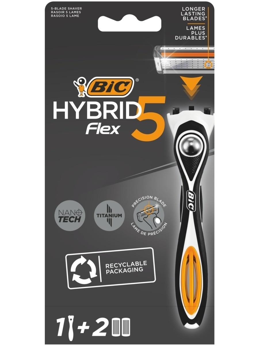 Бритва мужская, 5 лезвий BIC Hybrid 5 Flex, уп. 1 ручка и 2 сменные кассеты сменные кассеты bic flex 3 hybrid 4 шт