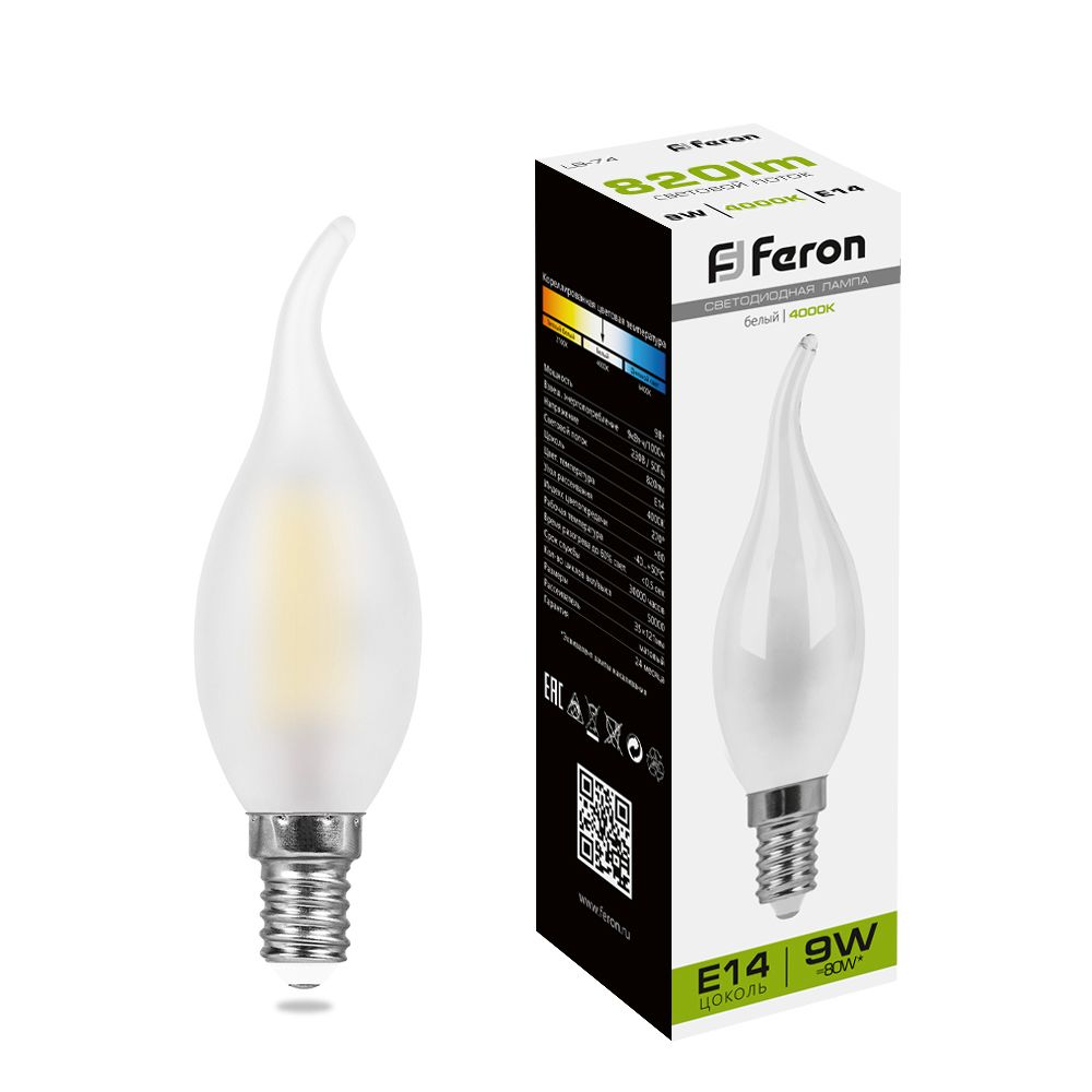 

Лампочка светодиодная FERON LB-74, 9Вт E14 230V белый, упаковка 10 шт., 25961, LB-74