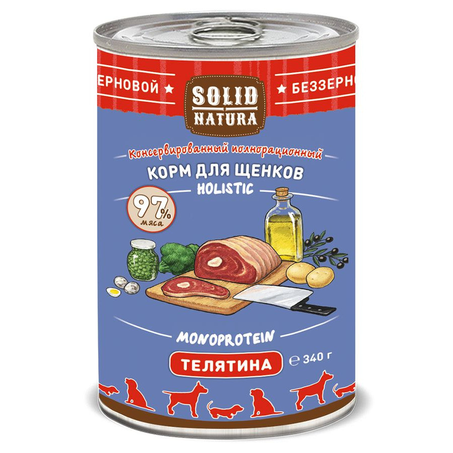 

Влажный корм для щенков Solid Natura Holistic с телятиной 12 шт по 340 г