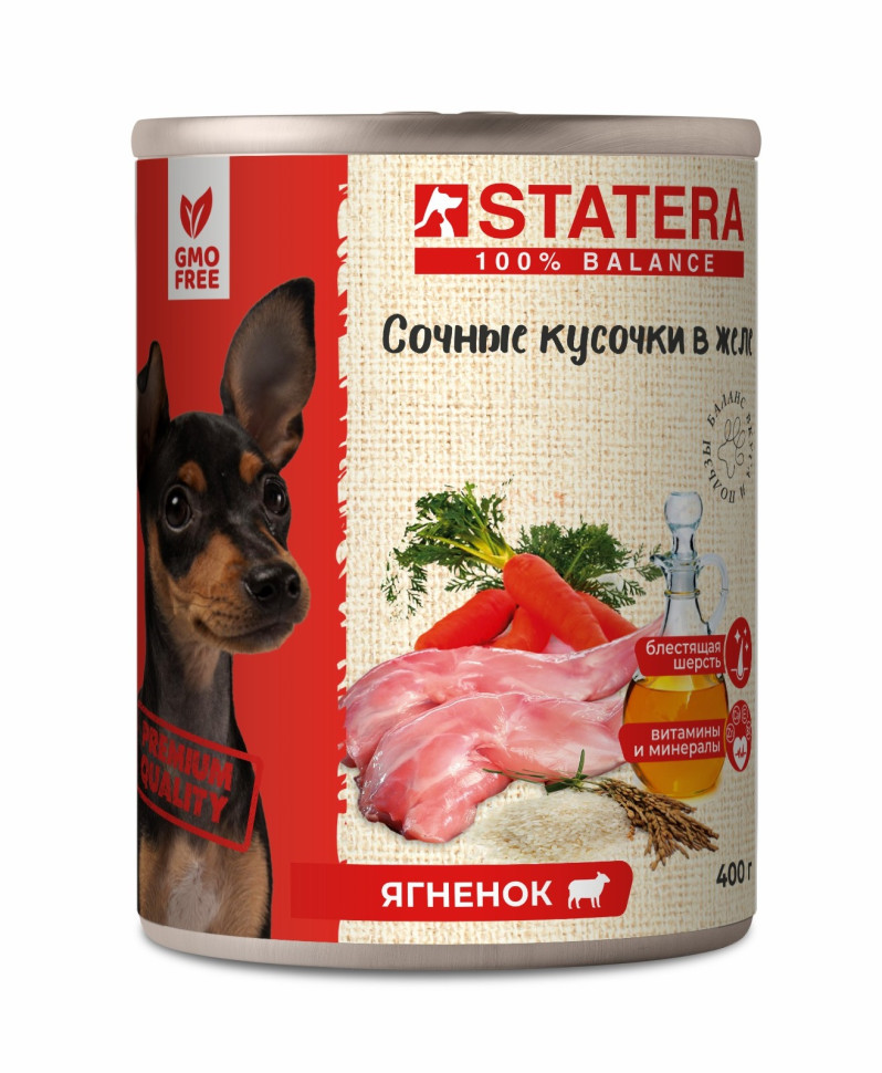 Влажный корм для взрослых собак Statera сочные кусочки в желе с ягненком - 400 г х 6 шт