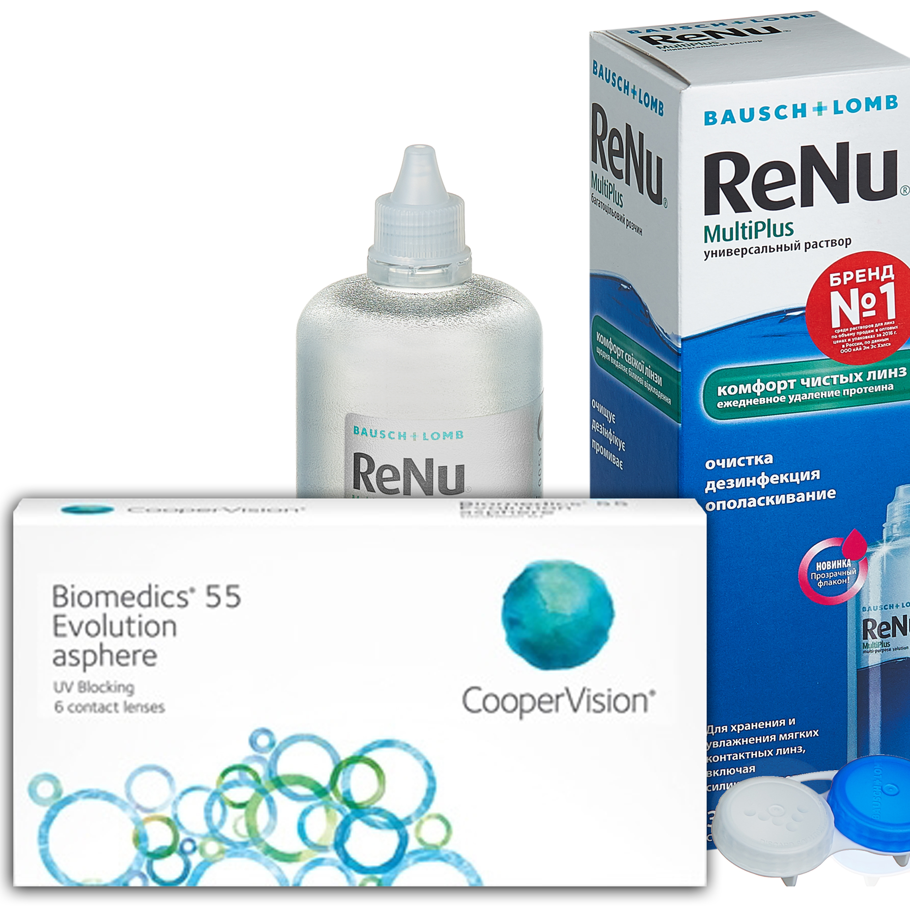 фото Линзы biomedics 55 evolution asphere 6 линз r 8.6 -5,00 + renu multi plus 360 мл