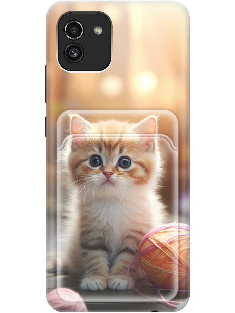 

Силиконовый чехол на Samsung Galaxy A03 с рисунком "Котик и нитки", Белый;желтый;розовый, 20012041