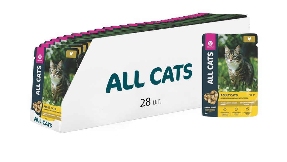 Консервы для кошек ALL CATS, тефтельки с курицей в соусе, 28 шт по 85 г