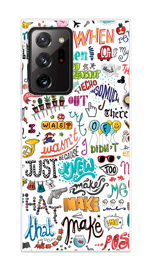 

Чехол на Samsung Galaxy Note 20 Ultra "Много надписей", Белый;серый;голубой, 2101050-1
