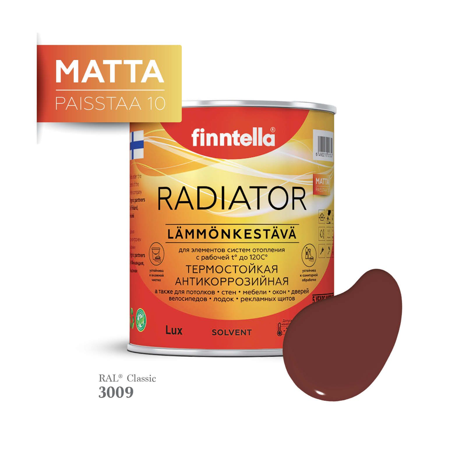 

Краска для радиаторов быстросохнущая финская эмаль FINNTELLA RADIATOR Matta. Матовая. Цвет, Бордовый, RADIATOR Matta RAL