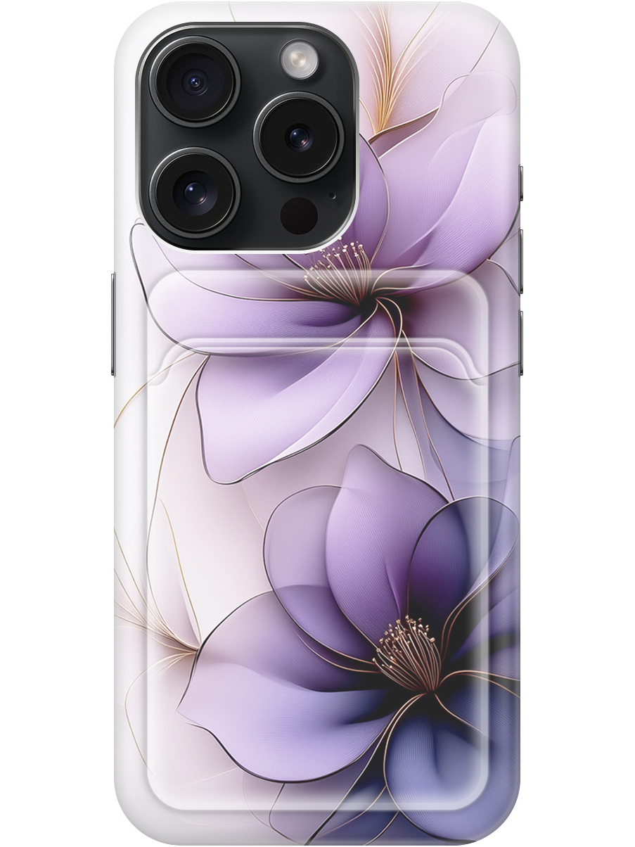

Силиконовый чехол на Apple iPhone 15 Pro с принтом "Сиреневые цветы" с карманом для карты, Белый;прозрачный;серый;фиолетовый, 775148021