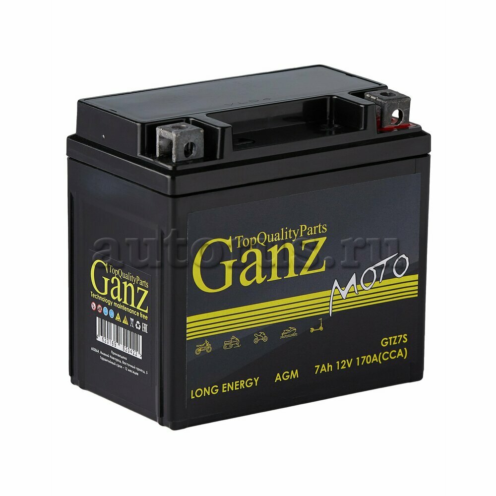 

Аккумулятор GANZ мото AGM 7 А/ч Обратная 114x70x108 EN170 А GTZ7S