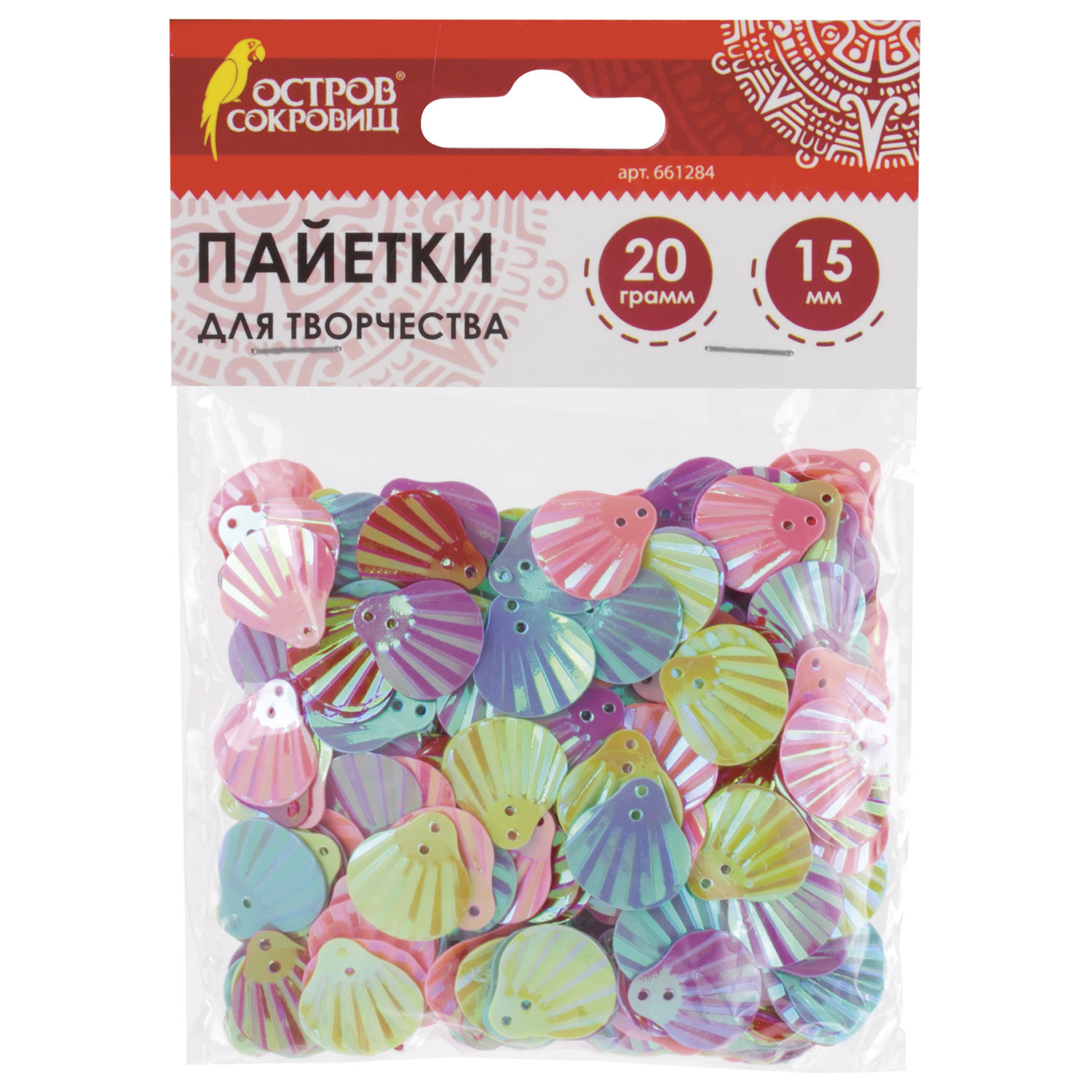 

Пайетки для творчества Ракушки яркиецвет ассорти 5цв 15мм 20 грамм ОСТРОВ СОКРОВИЩ 661284