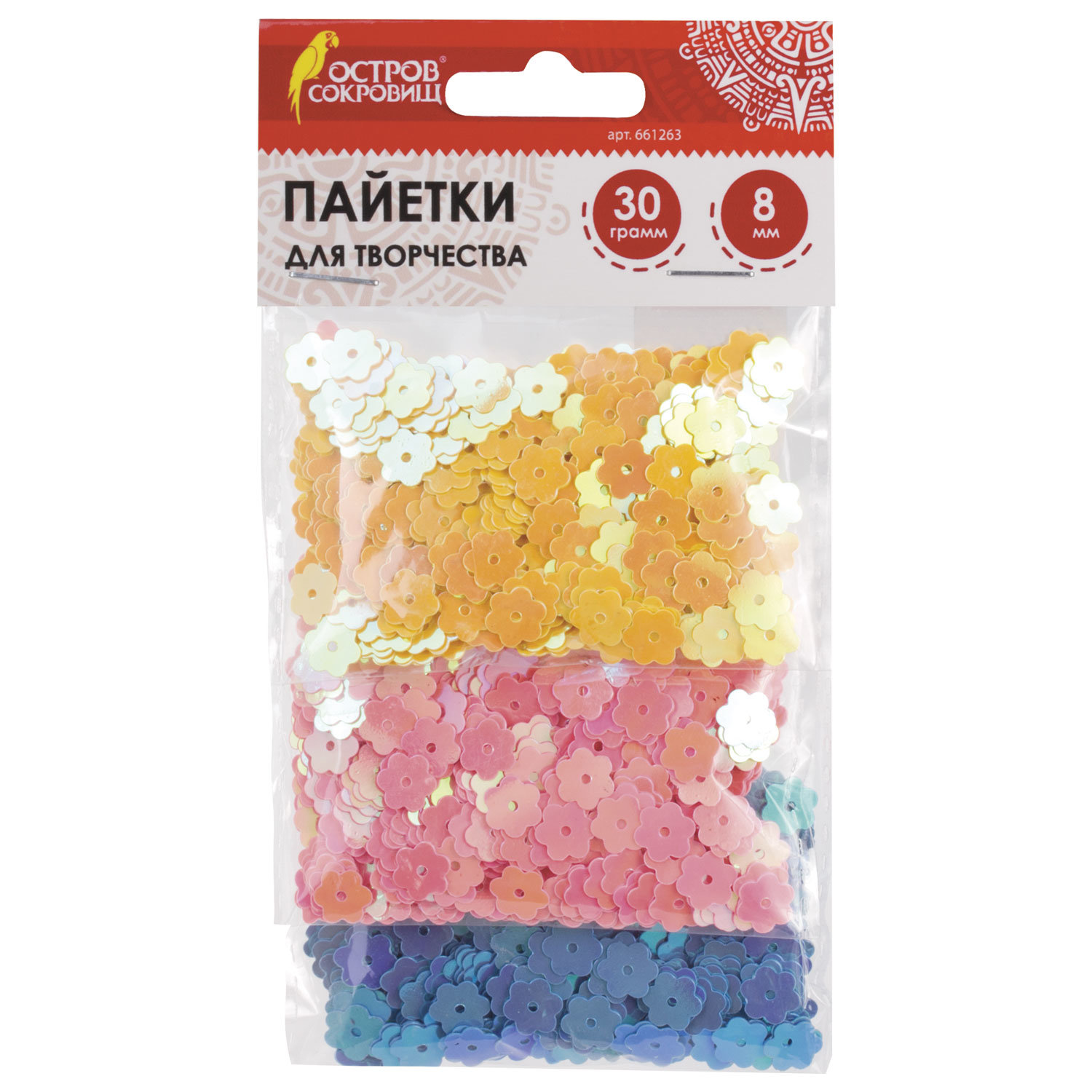 

Пайетки для творчества Цветочки цвет ассорти 8 мм 30 грамм 3 цв ОСТРОВ СОКРОВИЩ 661263