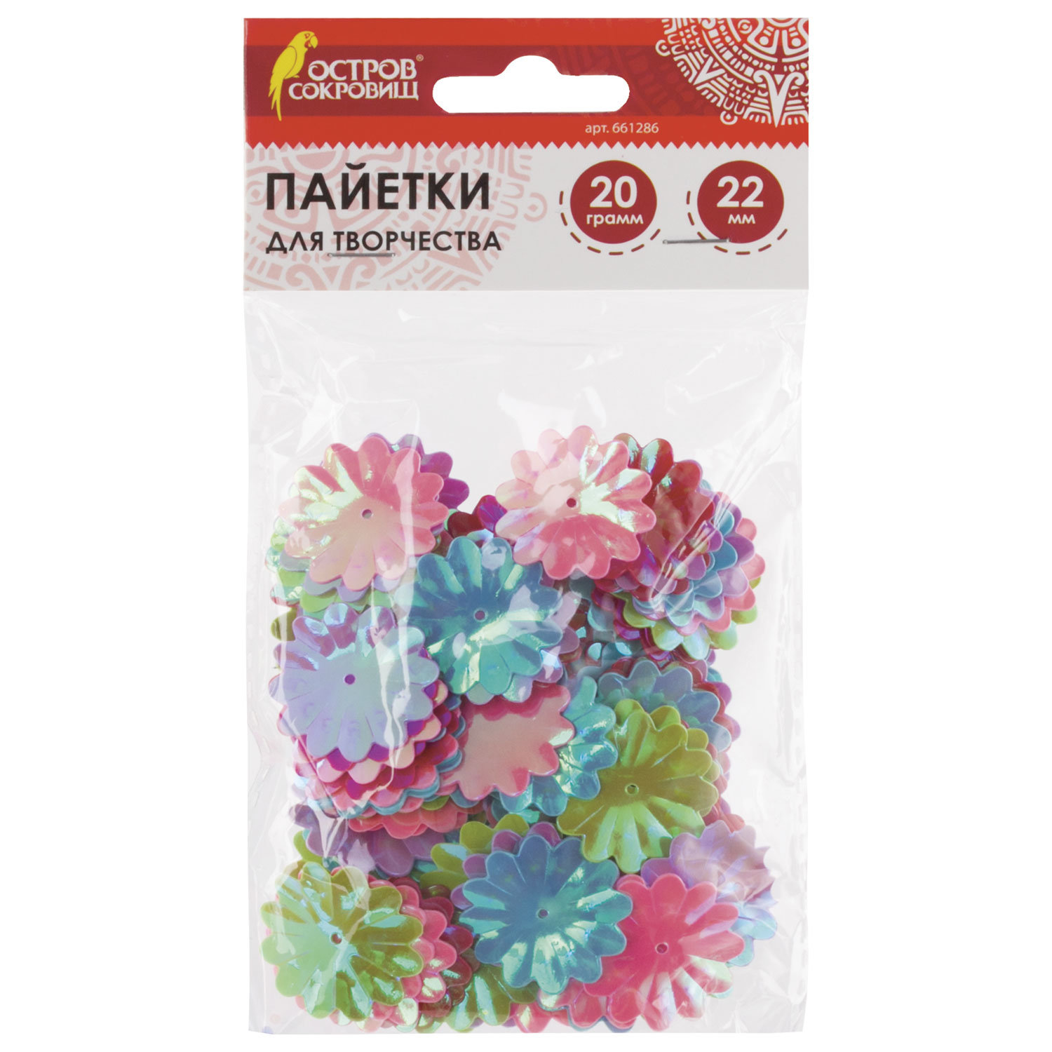 

Пайетки для творчества Цветы яркие цвет ассорти 5 цв 22 мм 20 грамм ОСТРОВ СОКРОВИЩ 661286, Разноцветный
