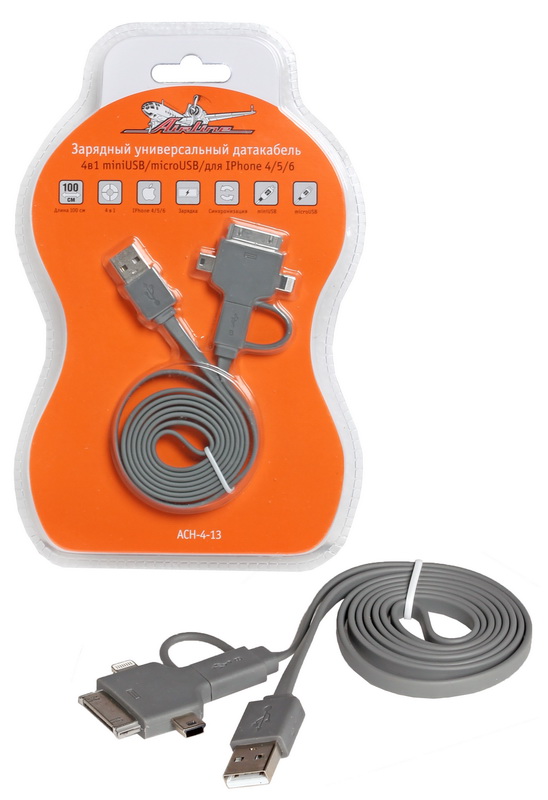 AIRLINE Зарядный универсальный датакабель 4 в 1 miniUSBmicroUSBдля Iphone ACH-4-13 599₽