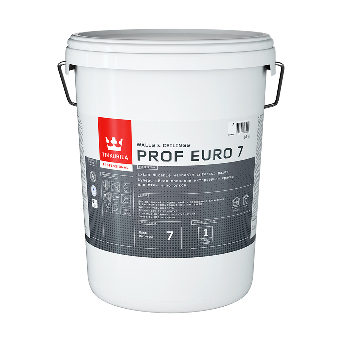 

Краска Tikkurila Prof Euro 7, база A, 18 л, Белый, Prof