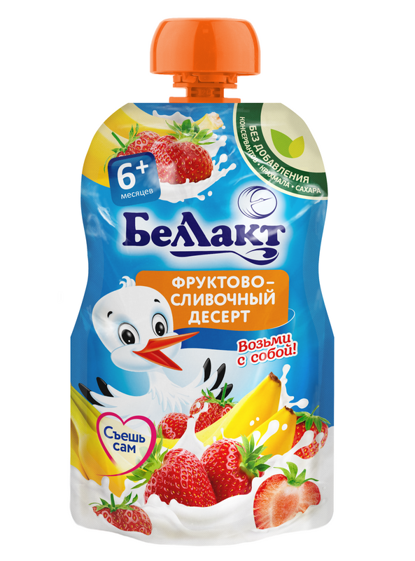 

Пюре фруктовое Беллакт десерт из банана и клубники со сливками, с 6 мес, 90г,24 шт, 1 шт., Фруктово-сливочный десерт из банана и клубники со сливками пауч