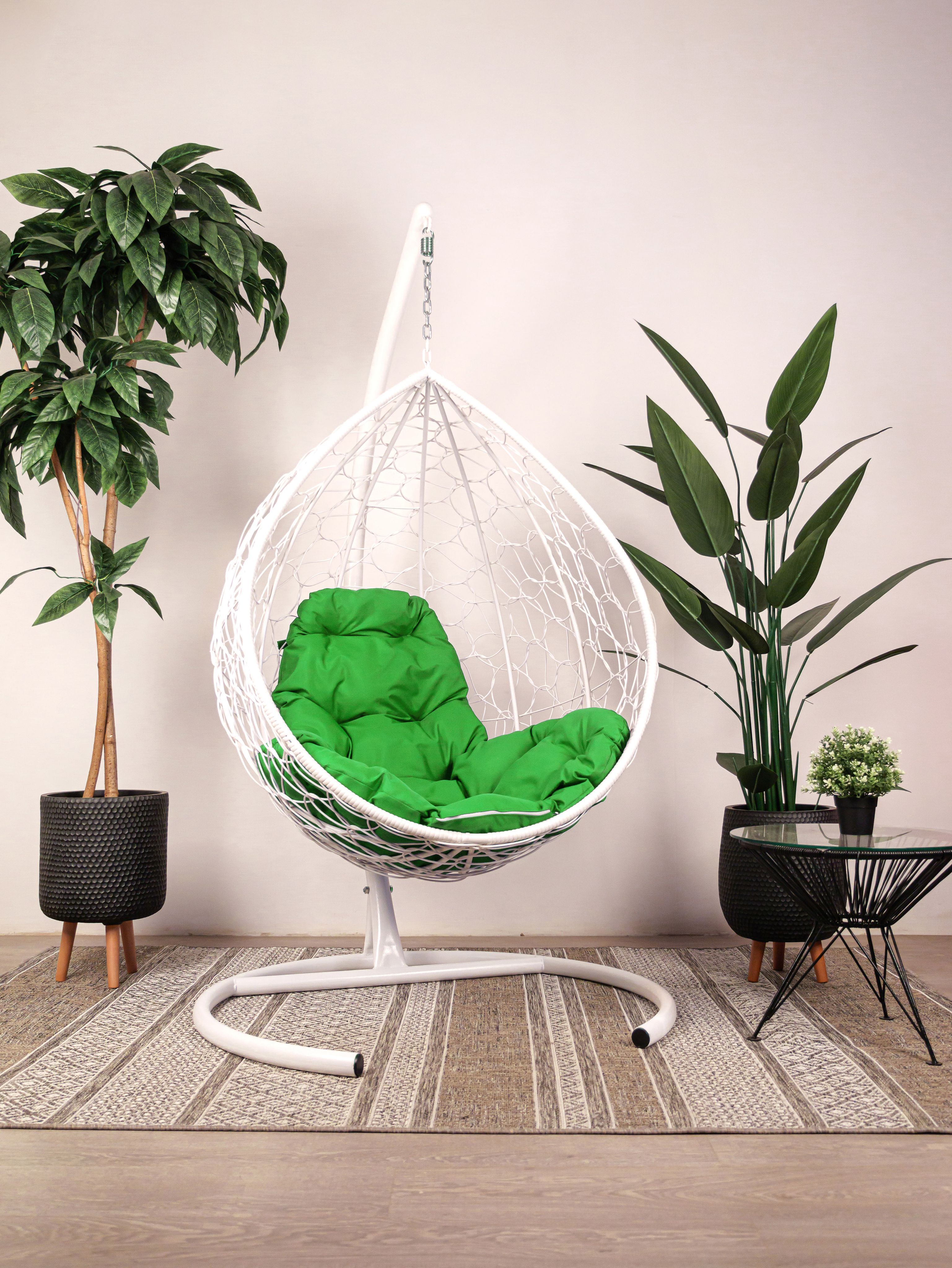 Подвесное кресло белое, ротанг 23071734 зелёная подушка