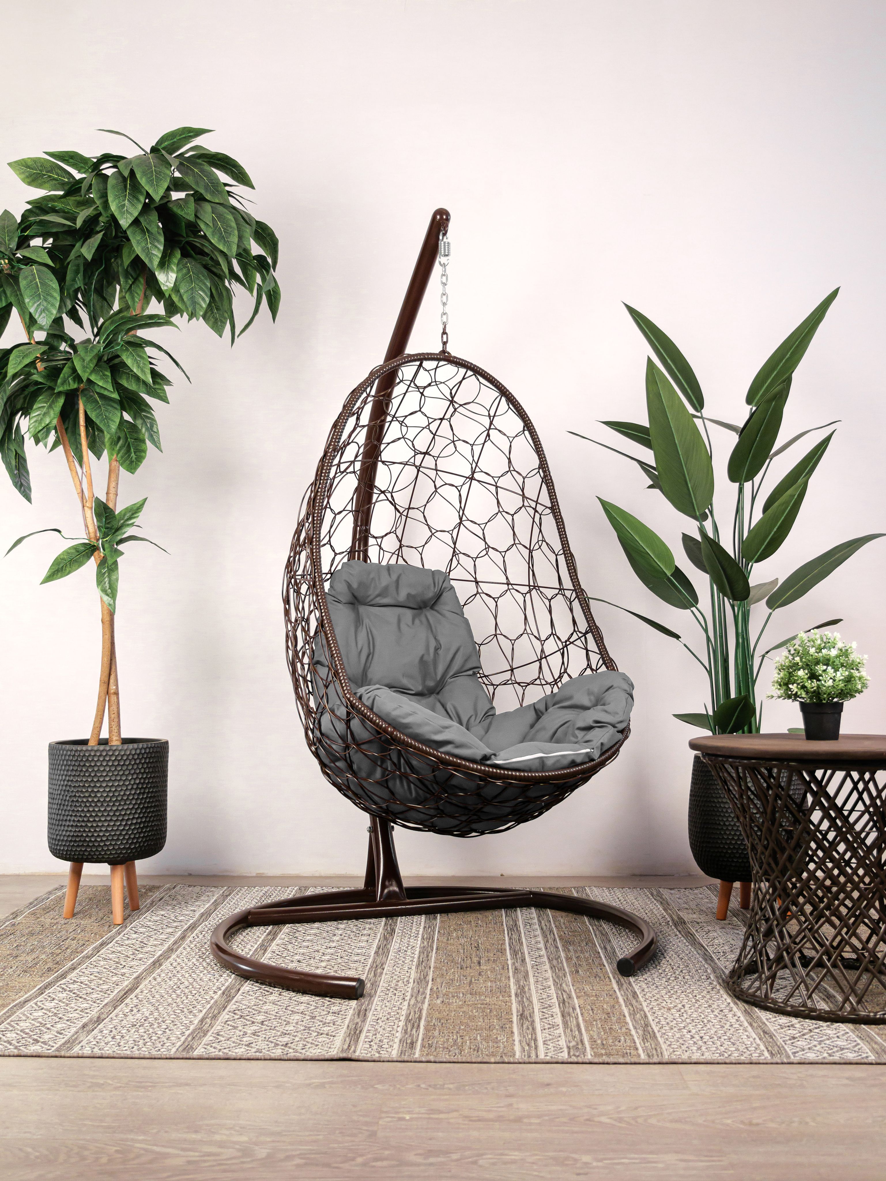 Подвесное кресло коричневое, Овальное ротанг 23071543 серая подушка