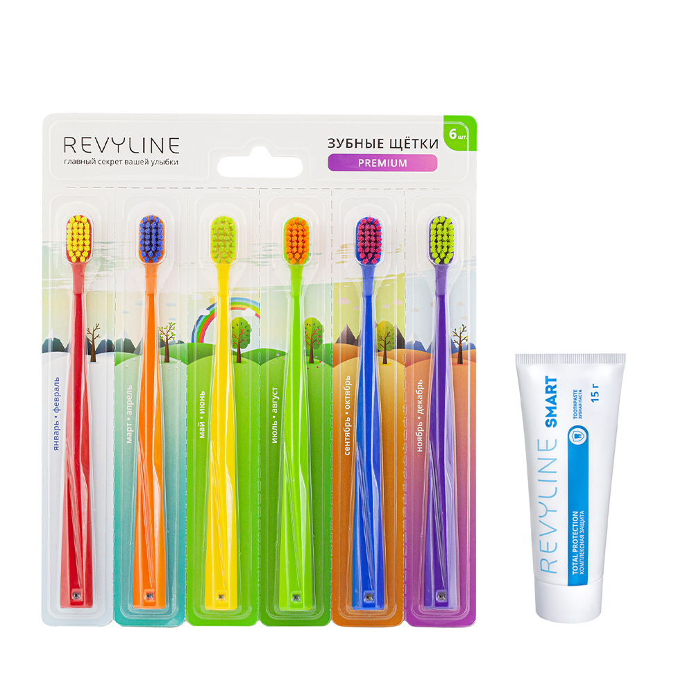 Набор зубных щеток Revyline SM5000 6 шт + Зубная паста Revyline Smart, 15 г зубная щетка revyline interspace монопучковая сиреневая