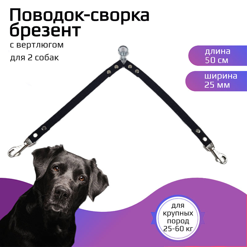

Поводок-сворка для собак Хвостатыч, с вертлюгом, черный, брезент, 2 х 50 см х 25 мм