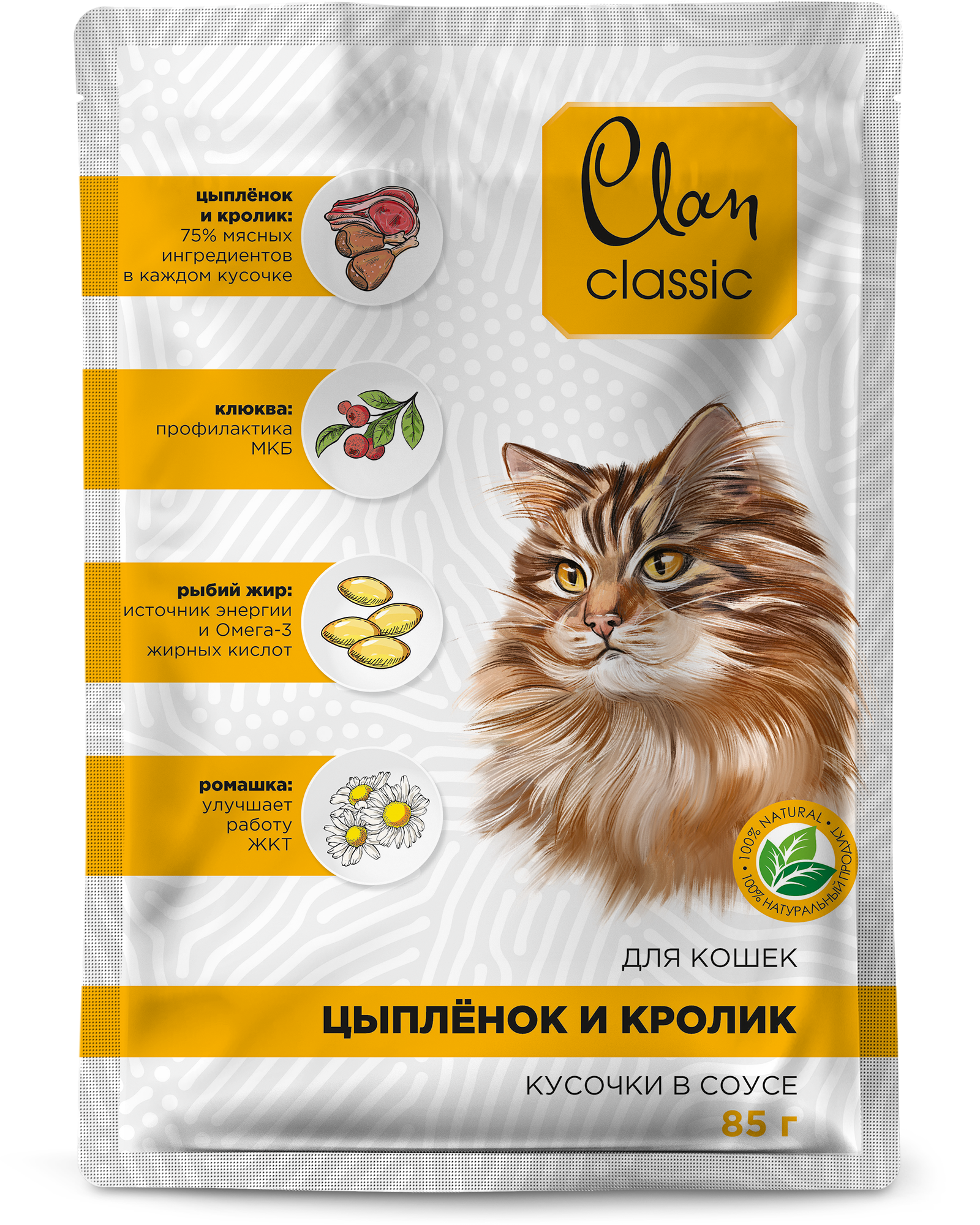 фото Влажный корм для кошек clan classic цыпленок, кролик, клюква и ромашка в соусе 85г