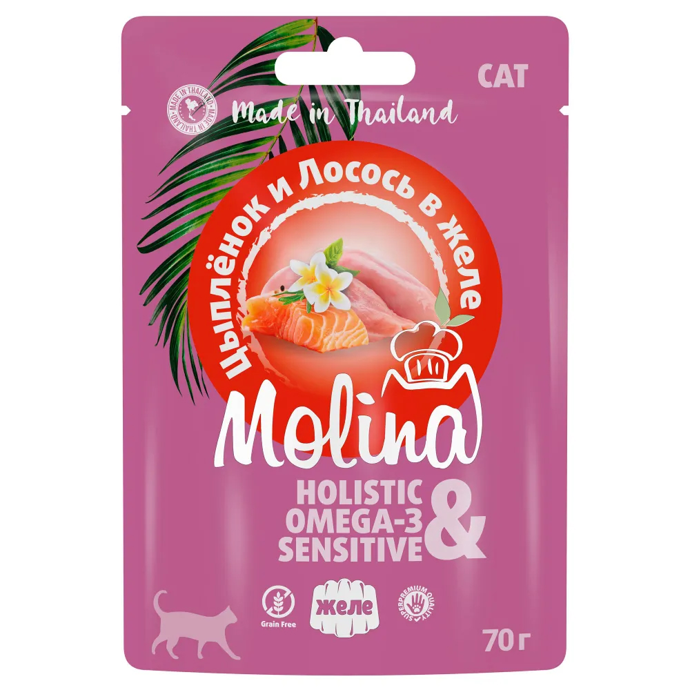 Влажный корм для кошек Molina Omega-3&Sensitive, цыпленок и лосось в желе, 24шт по 70г