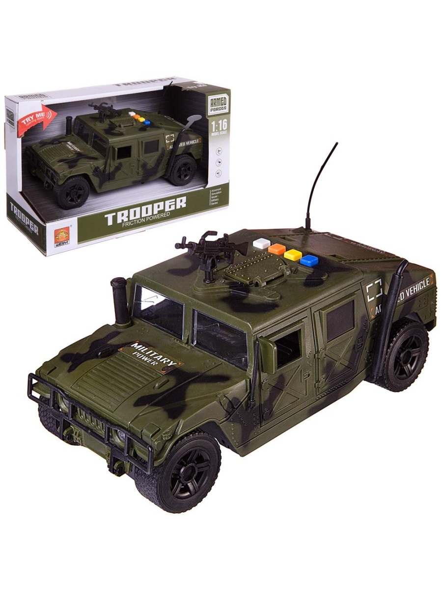 

Машинка Jun Cars Военная 1:16, пластмассовая, инерционная, 23.5x12x12 см, 139907-tn