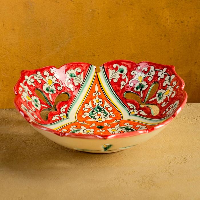 Фруктовница Риштанская Керамика Цветы, 26 см, красная
