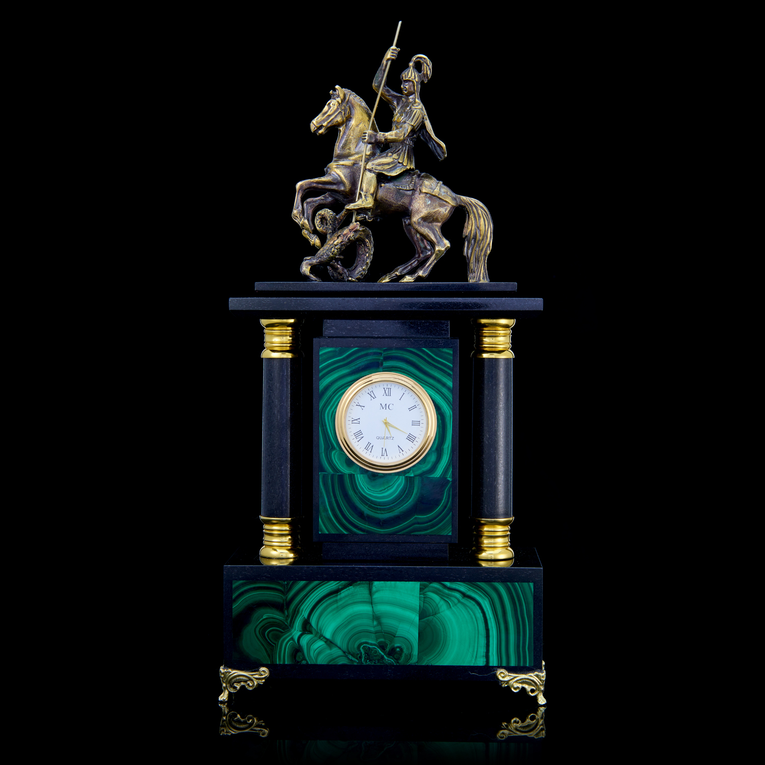 фото Часы настольные из малахита и латуни с позолотой «орёл». златоуст russia the great